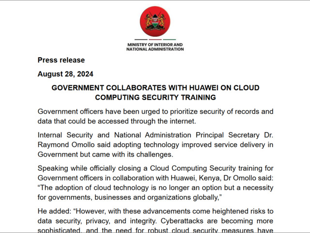 Government Collaborates with Huawei, Kenya on Cloud Computing Security 