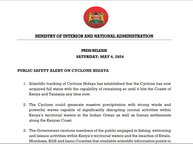 PUBLIC SAFETY ALERT ON CYCLONE HIDAYA