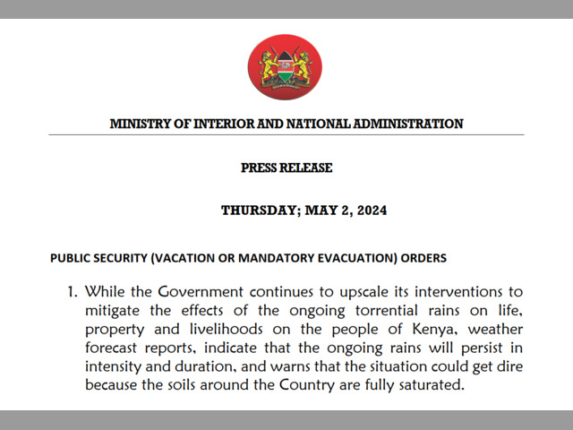 CS Kithure Kindiki Vacation and Evacuation Orders May 2, 2024