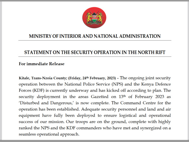 Statement on the Security Operation in the North 