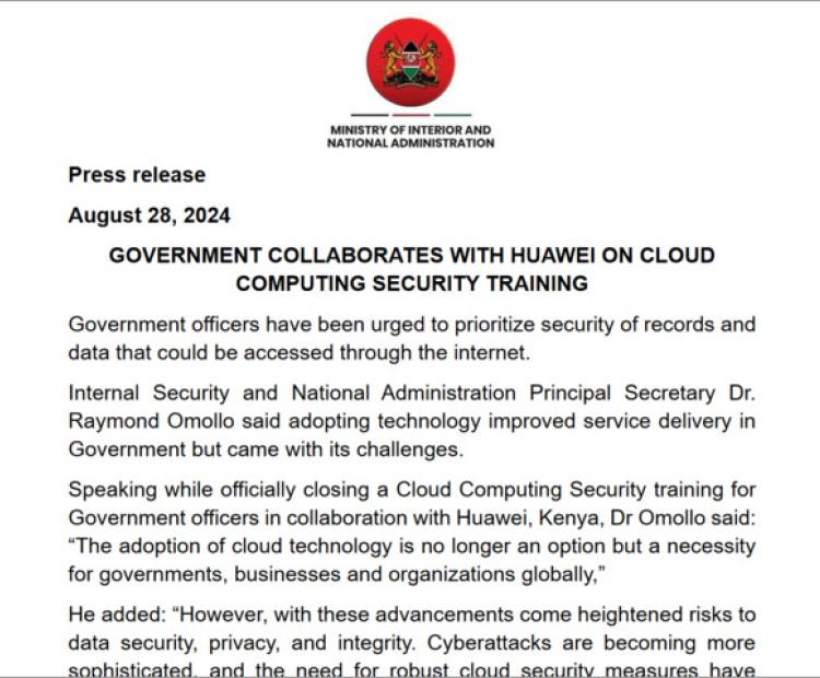 Government Collaborates with Huawei, Kenya on Cloud Computing Security 