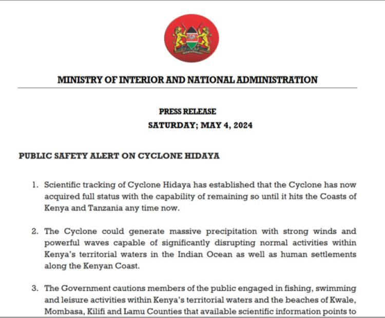 PUBLIC SAFETY ALERT ON CYCLONE HIDAYA