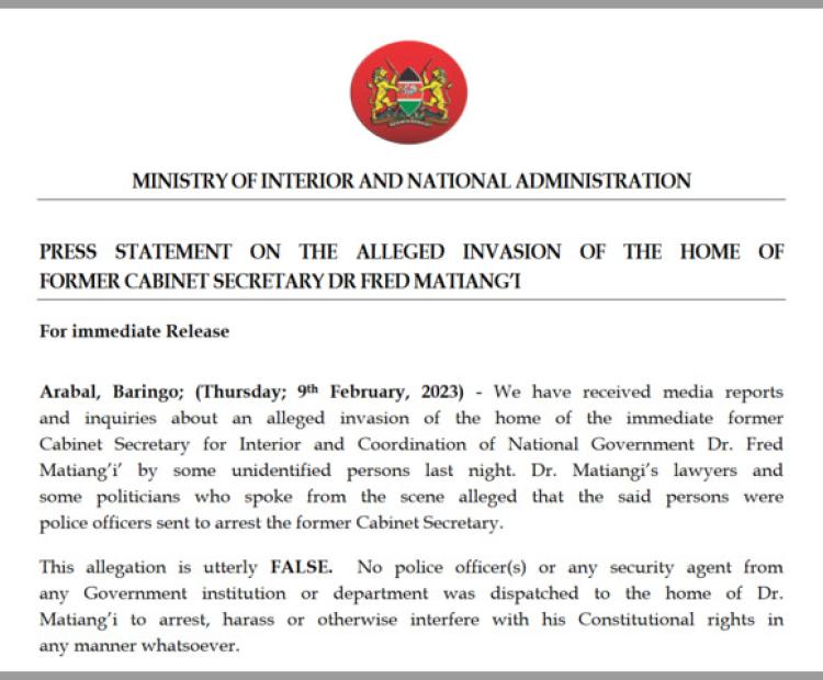 Alleged Invasion of Dr Matiangi Home 