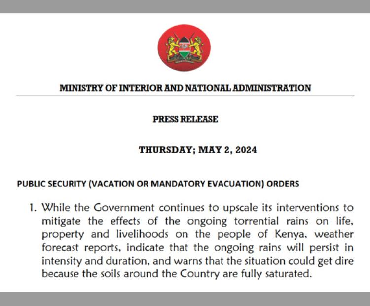 CS Kithure Kindiki Vacation and Evacuation Orders May 2, 2024