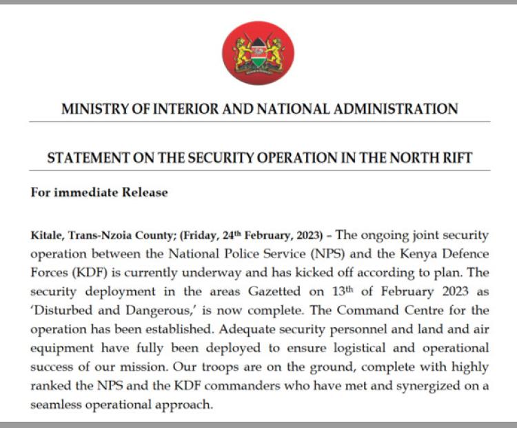 Statement on the Security Operation in the North 