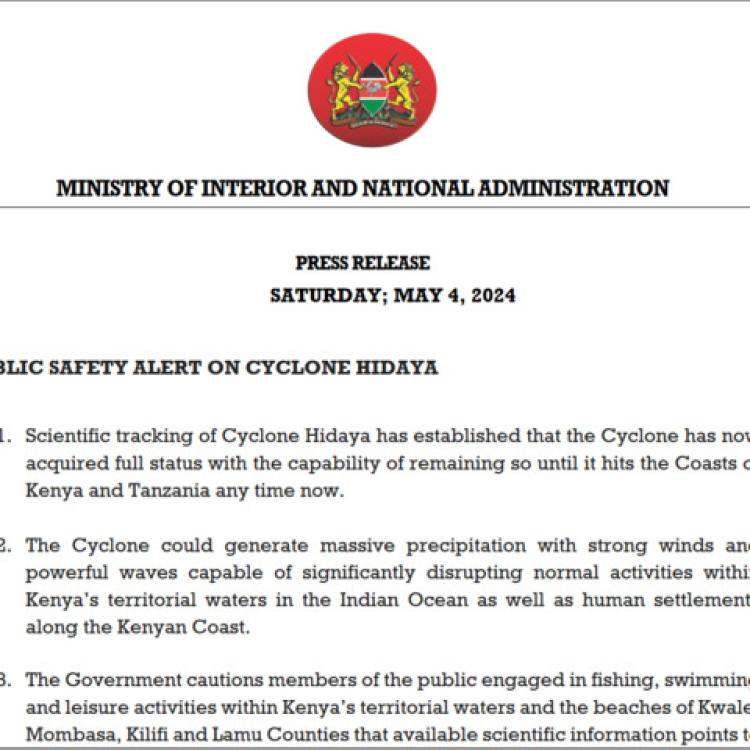 PUBLIC SAFETY ALERT ON CYCLONE HIDAYA